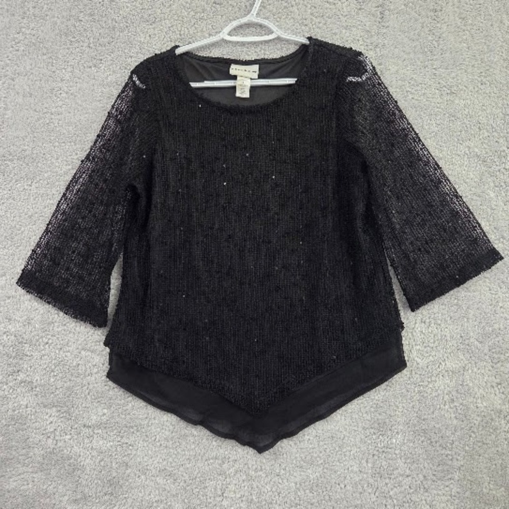 Alfred Dunner Blouse Women's Small Black Sequin Mesh‎ Layered Sharkbite Hem Top